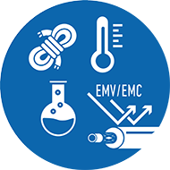 Icon mit Symbolen für Schädlingsschutz, Temperaturbeständigkeit, Chemikalienbeständigkeit und EMV/EMC-Schutz